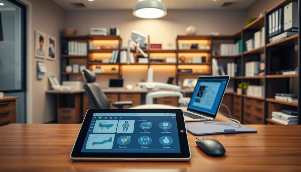Digital tools for dental clinics, showcasing a modern and professional office environment. In the foreground, a tablet display demonstrating dental software or patient management tools. In the middle ground, a ergonomic desk setup with a laptop, mouse, and other digital accessories. In the background, shelves stocked with dental equipment, instruments, and reference materials, all bathed in a warm, inviting lighting that suggests a productive and cutting-edge dental practice. The atmosphere conveys a sense of technological sophistication, clinical efficiency, and patient-centric care.