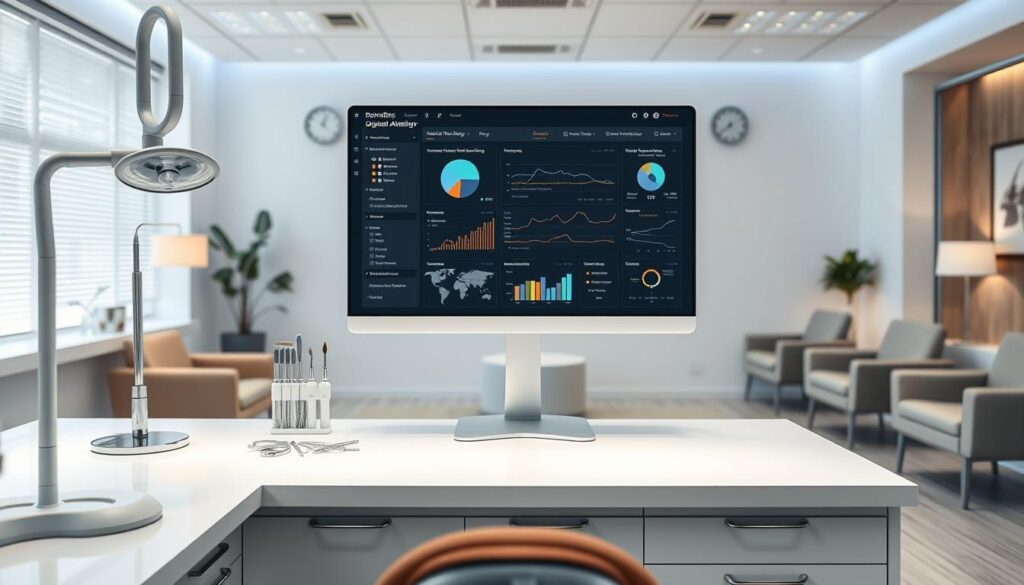 Digitally enhanced dental office scene: in the foreground, modern dentistry equipment and tools neatly arranged on a minimalist, white countertop; in the middle ground, a sleek, high-resolution display screen showcasing a digital marketing dashboard with analytics and strategic insights; in the background, a calm, well-lit waiting room with comfortable chairs, tasteful decor, and warm lighting creating an inviting, professional atmosphere. The scene conveys a balance of cutting-edge technology and patient-centric care, reflecting the best practices of digital marketing for an effective dental practice.