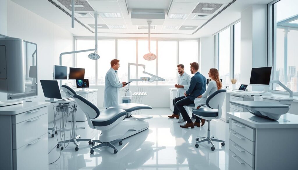 Efficiency in Dental Clinics: A Sleek, Modern Clinic Workspace High-tech dental equipment arranged in a spacious, well-lit clinic with clean, minimalist design. Sunlight filters through large windows, casting a warm glow on the pristine white surfaces. Dentists in crisp, professional attire consult with patients, discussing treatment plans. Efficient workflows and state-of-the-art technology enable seamless patient care. The clinic exudes a sense of professionalism, competence and patient-centric focus, reflecting the value of effective clinic management.