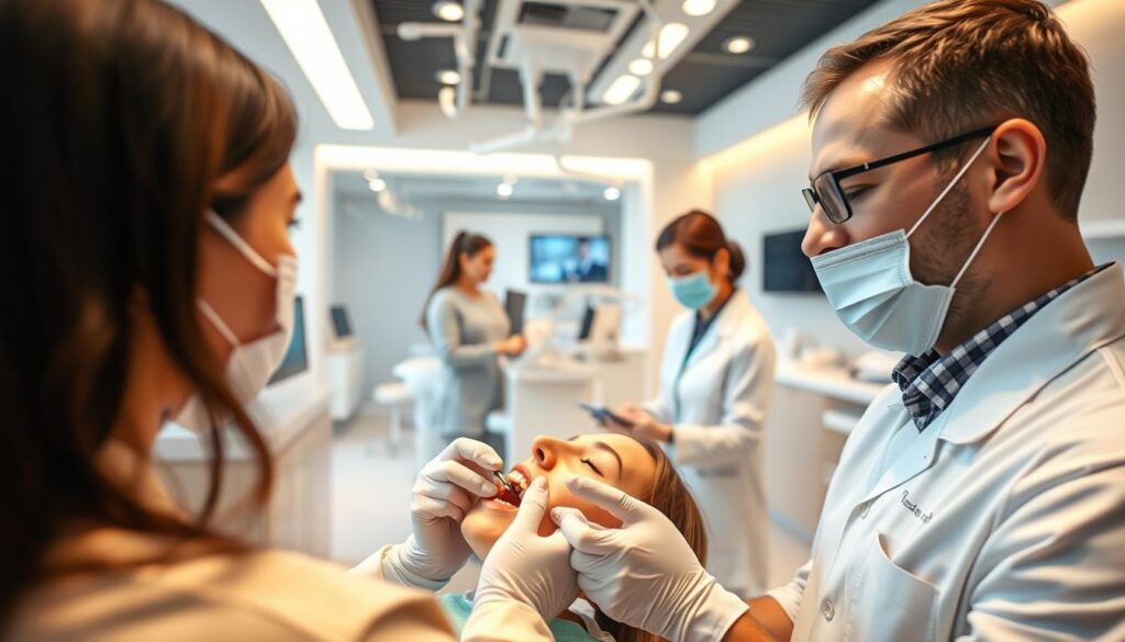 Efficient dental clinic management: A modern, well-organized dental clinic with patients receiving high-quality care. In the foreground, a dentist examining a patient's teeth, conveying professionalism and attention to detail. In the middle ground, a receptionist handling patient intake, representing smooth administrative processes. The background showcases a clean, bright, and technologically-equipped treatment room, reflecting state-of-the-art equipment and facilities. Lighting is warm and inviting, creating a calming atmosphere. The overall scene radiates efficiency, expertise, and a patient-centric approach to dental healthcare.