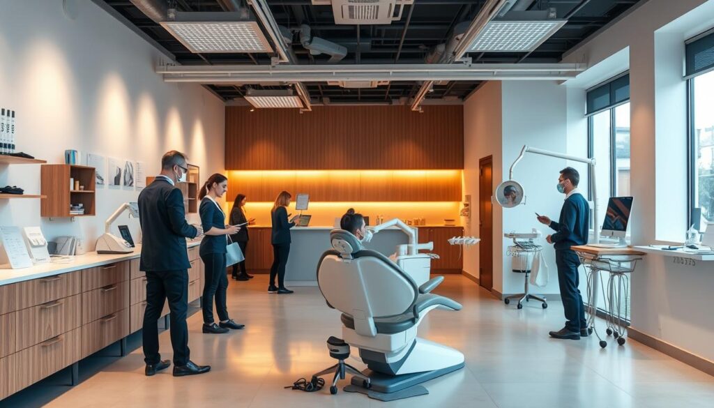 Efficient dental practice management: a well-organized clinic with modern equipment, meticulously organized paperwork, and a team of attentive staff efficiently assisting patients. Warm lighting illuminates a spacious, clean reception area with a minimalist design. In the background, a state-of-the-art dental chair stands ready, with advanced tools and instruments neatly arranged. An open, inviting atmosphere conveys a sense of professionalism and attention to detail, creating a seamless and pleasant experience for patients. The overall scene reflects a harmonious balance of functionality, technology, and a patient-centric approach to dental healthcare management.