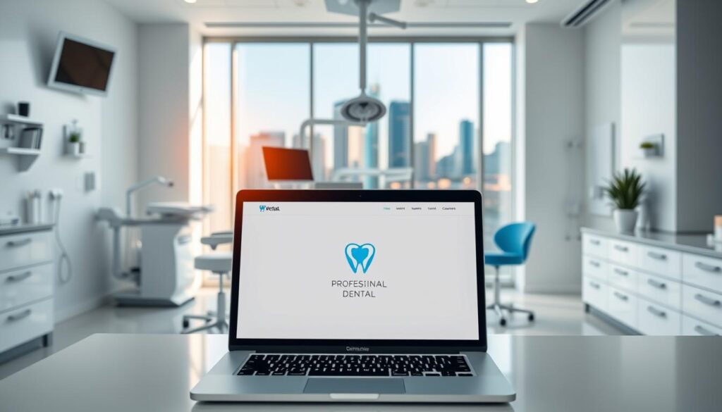 Elegant and modern dental clinic with a focus on digital marketing. In the foreground, a laptop displaying a website with a professional dental logo. Surrounding it, medical equipment, dental tools, and clean, minimalist interiors in soothing hues of white, gray, and blue. Soft, natural lighting illuminates the scene, creating a calming, professional atmosphere. In the background, a panoramic window overlooking a vibrant city skyline, symbolizing the clinic's progressive approach to patient care and marketing. Subtle, sophisticated branding elements complement the clinical setting, conveying a sense of expertise and innovation.