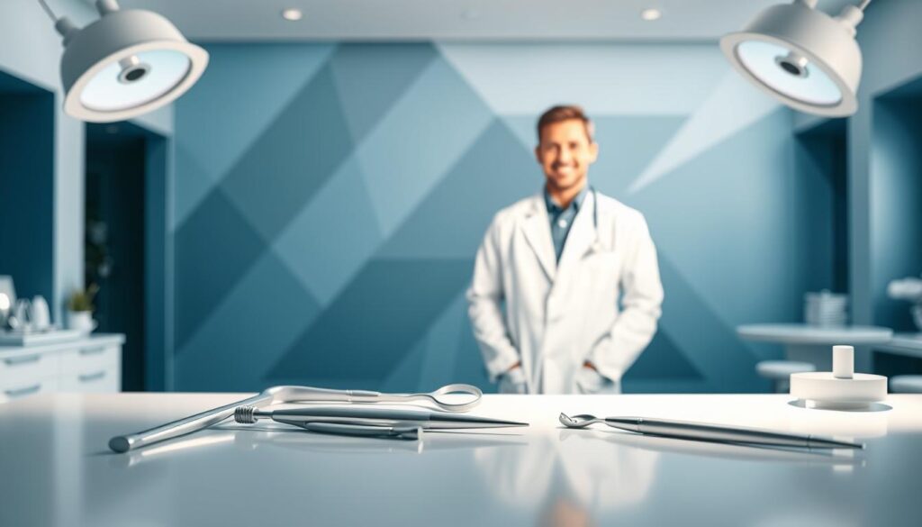 Elegant dental office advertisements with a modern, professional aesthetic. In the foreground, pristine dental tools and equipment cast soft shadows on a clean, minimalist workspace. In the middle ground, a smiling dentist in a crisp white coat stands against a backdrop of soothing blues and greys, conveying warmth and expertise. The background features subtle geometric patterns and architectural details, suggesting a state-of-the-art dental practice. The overall mood is one of clinical competence, trustworthiness, and patient-centric care. Soft, even lighting from multiple angles and a shallow depth of field create a polished, high-quality look.