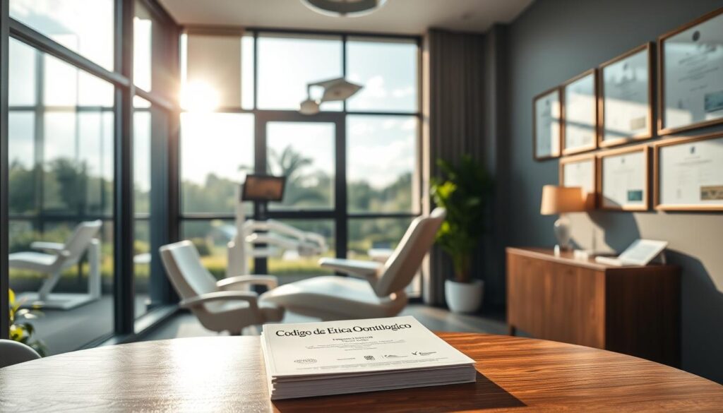 Elegant dental office interior with a large window overlooking a serene outdoor scene. A wooden desk in the foreground holds a stack of documents labeled "Código de Ética Odontológico". The lighting is warm and natural, casting a soft glow throughout the space. In the background, diplomas and certifications line the walls, conveying a sense of professionalism and expertise. The overall atmosphere is one of integrity, trust, and adherence to ethical standards in the practice of dentistry.