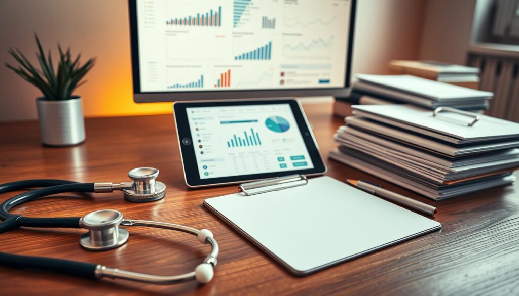 Elegant dental office tools arranged on a wooden desk, bathed in warm, soft lighting. In the foreground, a sleek metal stethoscope, dental mirror, and sterilized instruments lay neatly organized. The middle ground features a tablet displaying practice management software, surrounded by a clipboard, pen, and a stack of patient files. In the background, a modern computer monitor showcases data visualizations and analytics, conveying the efficient, data-driven management of a thriving dental practice. The scene exudes a sense of professionalism, attention to detail, and technological sophistication, perfectly encapsulating the tools needed to optimize the management of a successful dental office.