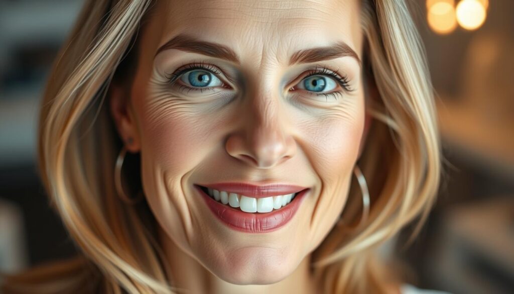 Elegant facial harmonization procedure captured in a close-up shot. Middle-aged woman with natural, radiant complexion and well-defined features. Subtle cosmetic dental enhancements visible, blending seamlessly with her facial structure. Warm, soft lighting emphasizes the balanced, symmetrical aesthetic. Composition focuses on the subject's serene expression, conveying an aura of confidence and comfort. Clinical, yet inviting atmosphere sets the tone for an aesthetic dental transformation.