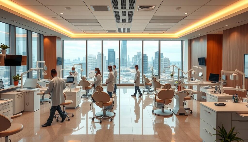 Expansive dental clinic interior with modern design, warm lighting, and a welcoming atmosphere. Rows of comfortable patient chairs, state-of-the-art dental equipment, and a spacious waiting area with natural elements like potted plants. Dentists and staff move purposefully, catering to a steady stream of patients. Large windows overlooking a bustling city skyline, reflecting the clinic's growth and thriving business. Convey a sense of professionalism, efficiency, and a commitment to providing high-quality dental care that drives the clinic's expansion.