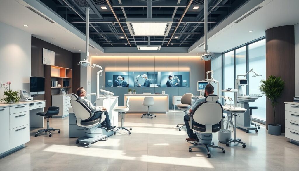 Expansive dental services: A modern clinic with sleek, minimalist design and state-of-the-art equipment. In the foreground, a dentist consults with a patient in a comfortable exam chair. The middle ground features a reception area with a warm, inviting atmosphere and stylish furnishings. In the background, various dental procedures are taking place, showcasing the breadth of services offered. Soft, natural lighting bathes the scene, creating a calming, professional ambiance. The overall composition conveys a sense of progress, innovation, and a commitment to comprehensive oral healthcare.