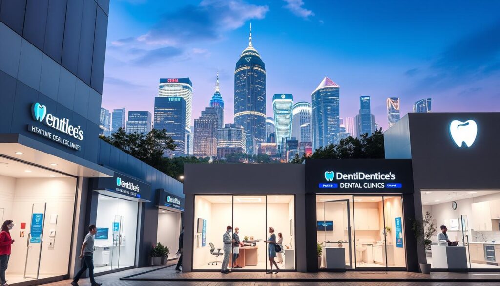 Growth of dental clinics, a vibrant and thriving scene. Set in a modern, well-lit urban environment, the image depicts the exterior of several contemporary dental clinics, their facades adorned with sleek, minimalist designs and inviting signage. In the foreground, people can be seen entering and exiting the clinics, underscoring the steady flow of patients seeking quality oral healthcare. The middle ground showcases the clinics' clean, professional interiors, with state-of-the-art equipment and attentive staff tending to patients' needs. In the background, a bustling city skyline provides a dynamic, forward-looking context, hinting at the growth and expansion of the dental industry. The overall scene conveys a sense of progress, efficiency, and the increasing importance of dental care in modern society.