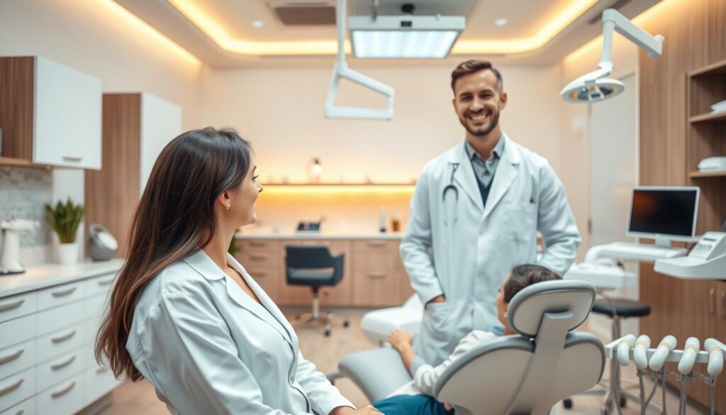 High-quality content for dental patients, featuring a modern and inviting dental office interior. In the foreground, a smiling dentist in a clean white coat consults with a patient on a comfortable examination chair. The middle ground showcases various dental care tools and equipment, all arranged neatly. In the background, warm lighting illuminates sleek, minimalist decor with calming earth tones, creating a soothing and professional atmosphere. The scene conveys a sense of expertise, patient-centered care, and a commitment to dental health and wellness.