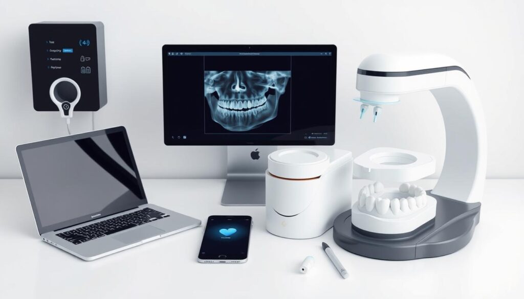 High quality, detailed digital illustration of various digital tools and technologies used in a modern dental clinic, including a laptop computer, a tablet device, a smartphone, a digital X-ray machine, and a 3D dental scanner. The tools are arranged neatly on a clean, minimalist desk with a soft, even lighting that highlights their modern, sleek designs. The overall mood is professional, efficient, and technologically advanced, reflecting the importance of digital innovation in the field of dentistry.