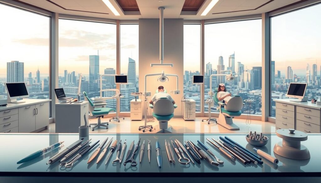 High-quality, detailed illustration of competitive advantages for dental clinics. Sleek, modern dental clinic interior with clean, minimalist design. In the foreground, various dental tools and equipment neatly arranged on a glass or stainless steel counter, conveying advanced technology and expertise. In the middle ground, three dental chairs with patients receiving treatment, showcasing the clinic's ability to handle multiple patients simultaneously. The background features large windows overlooking a scenic urban skyline, suggesting a premier location and premium experience. Warm, soft lighting creates a calming, professional atmosphere. The overall scene communicates the clinic's cutting-edge capabilities, efficiency, and commitment to patient care.