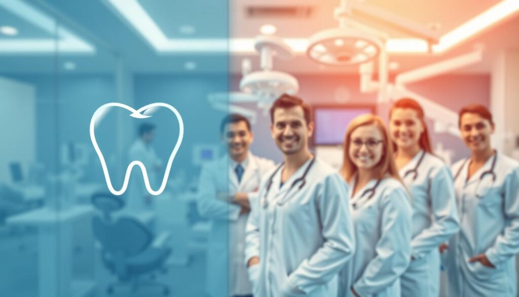 High-quality digital advertisements for dentists, showcasing a modern dental clinic's services. In the foreground, a sophisticated 3D dental logo or icon floats against a sleek, minimalist background with clean lines and soft gradients in shades of blue and white, conveying professionalism and trustworthiness. In the middle ground, a group of dentists and dental hygienists in pristine white uniforms smile confidently, highlighting the clinic's expert staff. The background features a blurred, high-tech dental office interior with state-of-the-art equipment, creating an atmosphere of advanced medical technology. Warm, directional lighting from multiple angles accentuates the depth and texture of the scene, drawing the viewer's attention to the key visual elements. The overall composition and color palette evoke a sense of modern, innovative dental care.