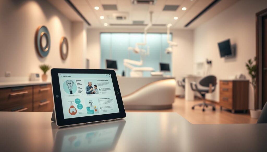 High-quality digital content for dental clinics, featuring a serene and professional medical office setting. In the foreground, a tablet device displays informative graphics and visuals about dental procedures and services. In the middle ground, a modern, minimalist reception desk with sleek, brushed-metal accents. The background showcases a clean, well-lit examination room with state-of-the-art dental equipment, creating an atmosphere of expertise and innovation. Warm, diffused lighting and muted, calming colors evoke a sense of trust and comfort for patients. The overall composition conveys a message of authoritative, evidence-based dental healthcare content.