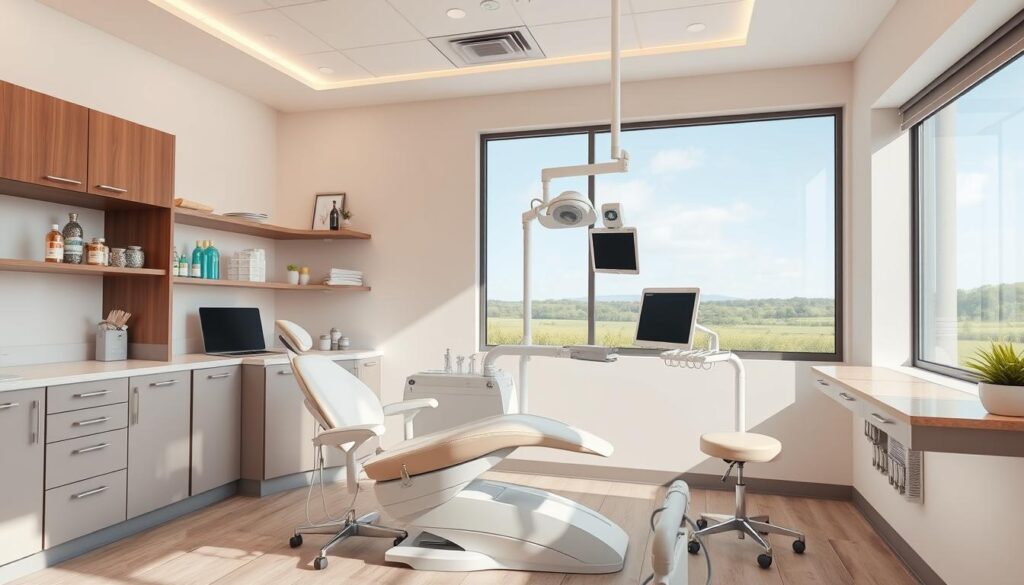 High-quality, engaging dental clinic content for digital marketing: a professional, warm and inviting dental office interior with modern medical equipment, natural lighting, and soothing neutral tones. The space features a prominent, elegant dental chair as the focal point, surrounded by sleek cabinets, shelves displaying dental care products, and a large window overlooking a peaceful outdoor landscape. The overall atmosphere evokes trust, professionalism and a commitment to patient comfort and wellbeing.