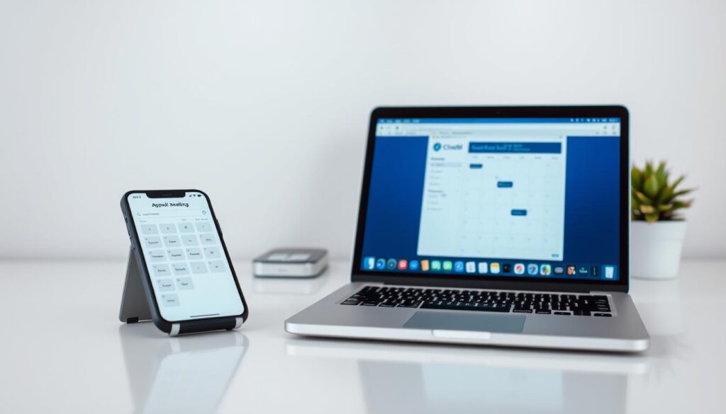 High-resolution image of modern digital dental appointment scheduling tools, including a smartphone with a scheduling app, a tablet with a calendar, and a laptop with an online booking system. The tools are arranged on a clean, minimalist desk with a neutral background, conveying a sense of organization and efficiency. Soft, even lighting illuminates the scene, creating a professional, technology-focused atmosphere. The image should effectively illustrate the section on modernizing a dental practice's appointment scheduling using digital tools.