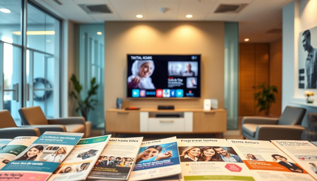 Imagine a dental clinic's waiting room, filled with an inviting and informative display. In the foreground, an array of dental health brochures and pamphlets, arranged with care, catch the eye. The middle ground features a modern, sleek television screen displaying engaging content about dental treatments, oral hygiene tips, and patient testimonials. In the background, the clinic's clean and well-lit interior sets the stage, conveying a sense of professionalism and trust. The lighting is warm and welcoming, creating a relaxed atmosphere that puts patients at ease. The overall scene captures the essence of "conteúdo para clínicas odontológicas" - informative, visually appealing, and tailored to the needs of dental healthcare consumers.