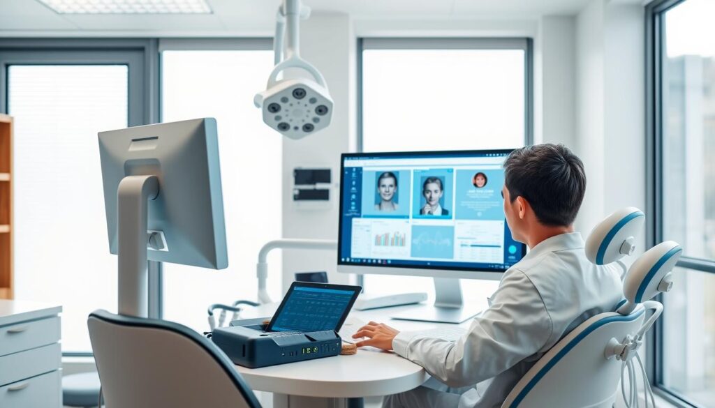 Integrating digital tools in a modern dental clinic. An organized workspace with a desktop computer, tablet, and medical instruments. Bright, airy room with natural light streaming through large windows. Clean, minimalist design with hints of warm wood tones. Clinician seated at the desk, reviewing patient data on the screen. Sleek, intuitive software interfaces facilitating seamless information flow. Subtle blue and white color palette reflecting professionalism and trust. High-resolution cameras and scanners capturing accurate patient records. All elements working in harmony to streamline digital workflows and deliver exceptional patient care.