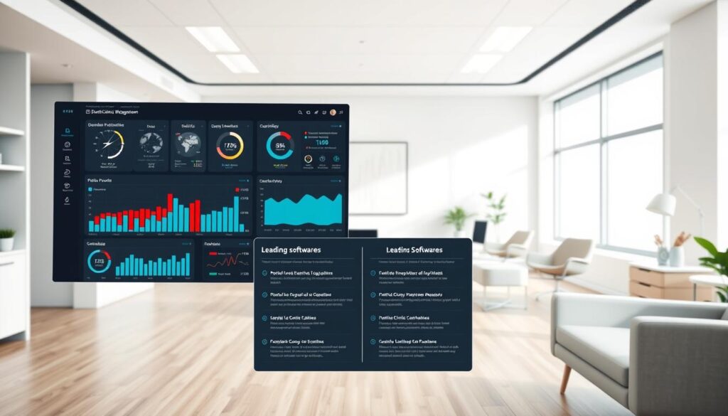Intricate comparison of modern dental clinic management systems, showcasing a clean, professional layout. In the foreground, a sleek dashboard displaying key performance metrics, patient records, and scheduling tools. The middle ground features detailed side-by-side comparisons of leading software solutions, highlighting their unique features and capabilities. The background depicts a serene, minimalist office setting with modern furnishings and natural lighting, creating a calming and productive atmosphere. Rendered with a crisp, high-resolution photorealistic style using a wide-angle lens to capture the comprehensive scope of the subject matter.