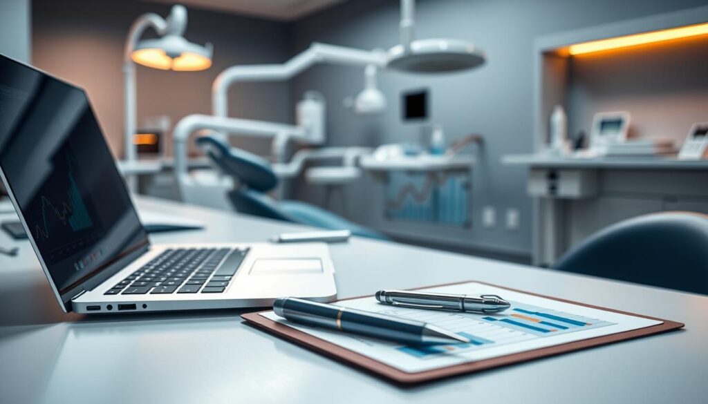 Metrics and KPIs for Dental Clinics A sleek, modern office desk with a laptop, pen, and clipboard displaying analytical data. In the background, dental equipment and tools are neatly arranged, conveying a professional, clinical atmosphere. Warm, directional lighting casts subtle shadows, creating depth and emphasizing the importance of the data visualization. The color palette is muted, with shades of gray, blue, and silver, reflecting the precision and technicality of the subject matter. The overall composition balances form and function, highlighting the crucial role of data-driven decision-making in the successful management of a dental practice.