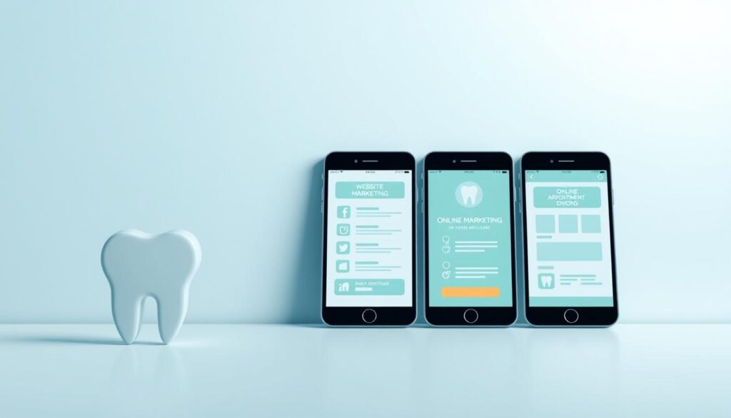 Minimalist digital illustration depicting essential digital strategies for a modern dental clinic. Foreground features a stylized dental symbol or icon, with a clean, geometric layout. Middle ground showcases three mobile devices showcasing various digital marketing channels like a website, social media, and online appointment booking. Background has a subtle gradient or texture, conveying a sense of technology and professionalism. Lighting is soft and diffused, with a color palette of cool blues, greens, and grays to evoke a clinical yet approachable aesthetic. Composition is balanced and visually striking, capturing the importance of digital solutions for the success of a contemporary dental practice.