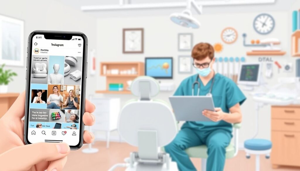 Organic Instagram strategies for dentistry: A high-resolution digital illustration showcasing a dentist's office interior, with a cheerful, modern aesthetic. The foreground features a well-curated Instagram feed displayed on a smartphone, reflecting dental-themed visual content and engaging captions. The middle ground depicts a dental professional, dressed in scrubs, reviewing social media analytics on a laptop, strategizing effective organic content and audience engagement. The background showcases various dental equipment, tools, and patient-centric elements, creating a visually appealing and informative composition that aligns with the section's title.