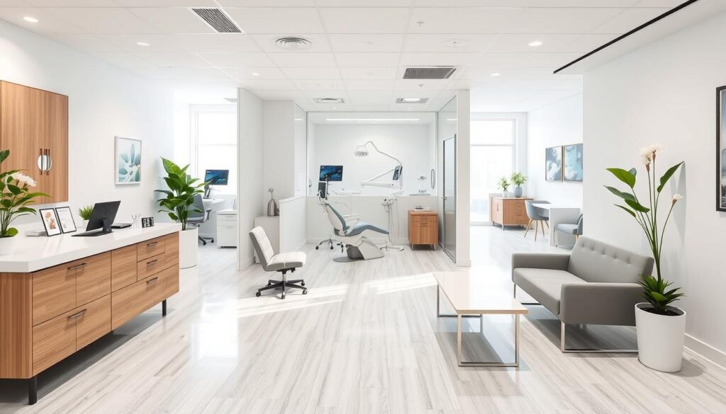 Parcerias para consultórios odontológicos: a professional dental clinic showcasing a collaborative office design with clean, modern aesthetics. In the foreground, a reception desk and seating area create a welcoming atmosphere. The middle ground features examination rooms with state-of-the-art dental equipment, while the background depicts an open, airy waiting area with natural lighting and calming decor. The overall scene conveys a sense of trust, expertise, and patient-centric care, reflecting the offline strategies for effective dental marketing.