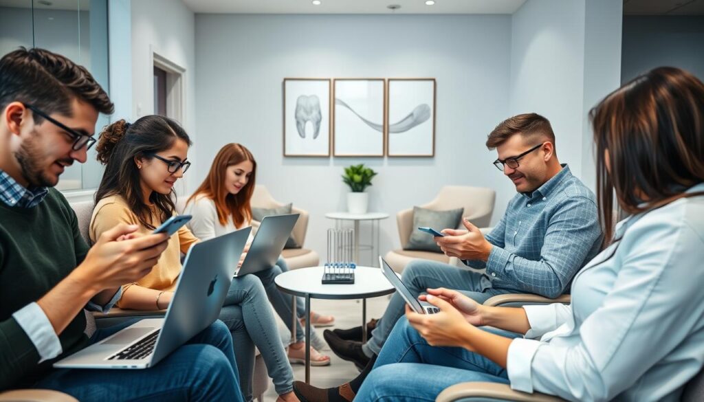 Patients diligently searching for dental health information on their laptops and smartphones, surrounded by a sleek, modern office setting. The foreground features individuals intently studying online content, their expressions conveying a sense of focused curiosity. The middle ground showcases tastefully designed waiting room furniture and decor, creating a welcoming, professional atmosphere. In the background, minimalist wall art and subtle lighting accentuate the clean, inviting ambiance of the dental practice. The overall scene evokes the idea of the modern, tech-savvy patient proactively seeking dental knowledge and services.
