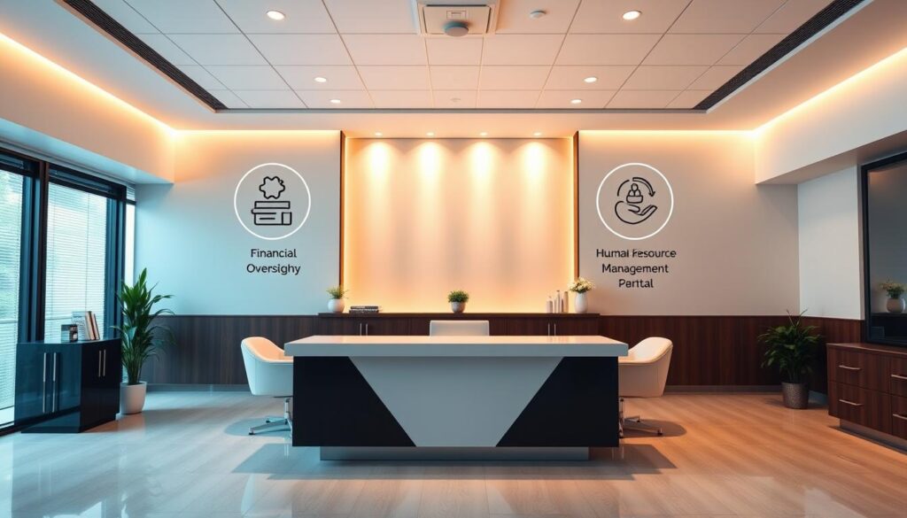 Pillars of dental practice management: a serene office interior with modern, minimalist decor and clean lines. Warm lighting illuminates a central desk or table, symbolizing the core elements of effective dental practice management - organization, efficiency, and patient-centric care. Surrounding the central focus are four stylized icons or symbols, each representing a foundational aspect: financial oversight, human resource management, operational optimization, and patient experience enhancement. The overall composition conveys a sense of professionalism, balance, and a sophisticated approach to managing a successful dental practice.