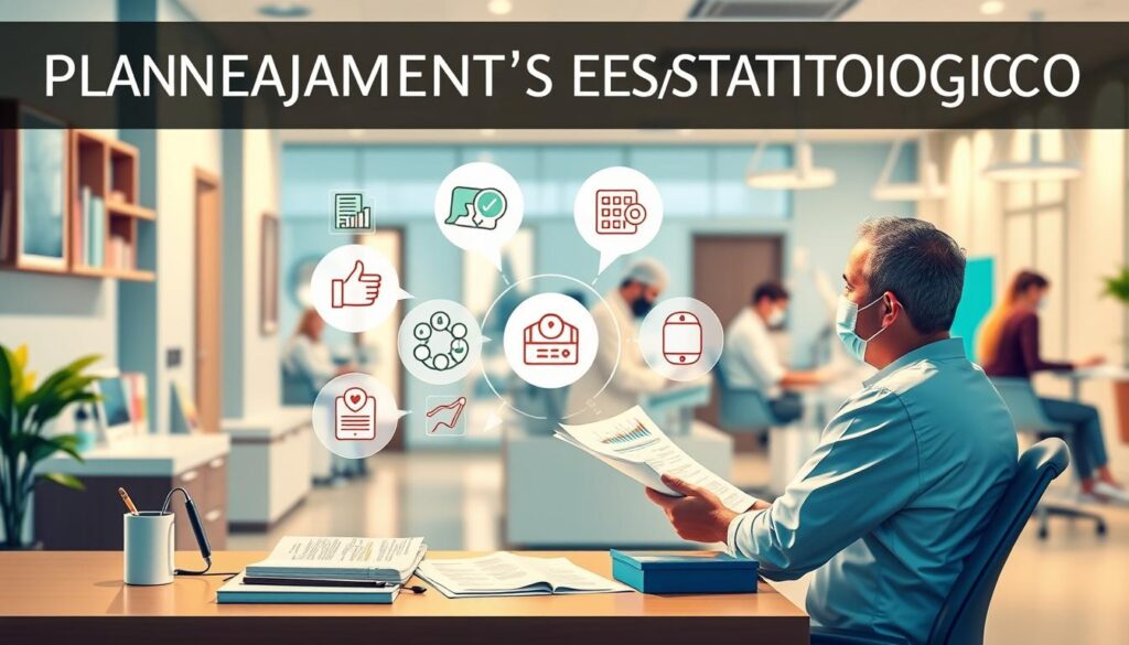 Planejamento estratégico odontológico: A colorful and detailed illustration showcasing the key elements of a comprehensive dental practice management strategy. In the foreground, a dentist sits at a desk, thoughtfully analyzing financial data and patient records. The middle ground features various icons representing the core pillars of strategic planning, such as budgeting, marketing, human resources, and quality assurance. In the background, a modern, well-equipped dental clinic can be seen, with patients in the waiting area and dental professionals at work. The scene is bathed in a warm, professional lighting, conveying a sense of focus, organization, and dedication to optimal patient care.