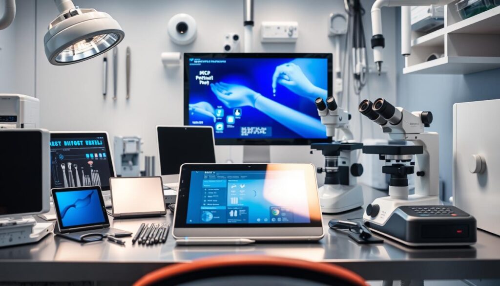 Professional medical office equipment and technologies arranged in a sleek, modern composition. Close-up view showcasing an array of digital devices, tablets, microscopes, and other cutting-edge tools used in a well-equipped dental practice. The scene is illuminated by soft, directional lighting that highlights the sheen of the metallic surfaces and the precision of the instruments. The layout conveys a sense of efficiency, innovation, and patient-focused care, reflecting the theme of leveraging technology to enhance clinic management.