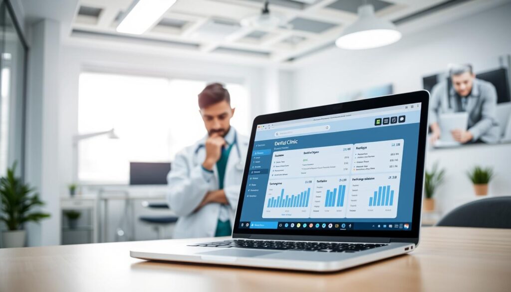 Prompt A bright, well-lit office interior with a modern, minimalist aesthetic. In the foreground, a laptop displays a search engine optimization dashboard for a dental clinic website, showcasing key metrics and optimization strategies. In the middle ground, a medical professional examines the screen, deep in thought. The background features dental equipment and imagery, subtly hinting at the healthcare focus. The scene conveys a sense of professionalism, technology, and a focus on improving online visibility and patient engagement for the dental practice.