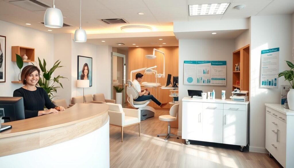 Prompt A modern dental clinic nestled in a warm, inviting atmosphere. In the foreground, a reception desk with a friendly receptionist greeting patients. Behind, the waiting area features comfortable chairs and tasteful decor, creating a relaxing ambiance. The middle ground showcases a consultation room with state-of-the-art dental equipment, a dentist examining a patient's teeth. In the background, a display of dental care products and educational posters, emphasizing the clinic's commitment to patient education and well-being. The lighting is soft and natural, accentuating the clean, professional vibe. The overall scene conveys a sense of trust, expertise, and personalized care, reflecting the offline marketing strategies for this dental practice.