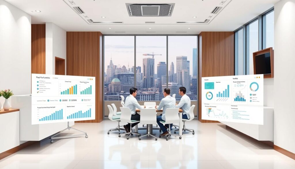 Prompt A modern, minimalist dental clinic interior, featuring a sleek reception desk, clean white walls, and warm wood accents. In the foreground, a stylized data visualization displays key performance metrics, charts, and analytics on a high-resolution display. The middle ground showcases a team of dental professionals collaborating around a central conference table, discussing strategic plans and decision-making processes. The background reveals a panoramic view of the city skyline through large windows, symbolizing the clinic's forward-thinking approach to data-driven management. The overall scene conveys a sense of professionalism, innovation, and a commitment to using intelligent strategies to optimize the dental practice.