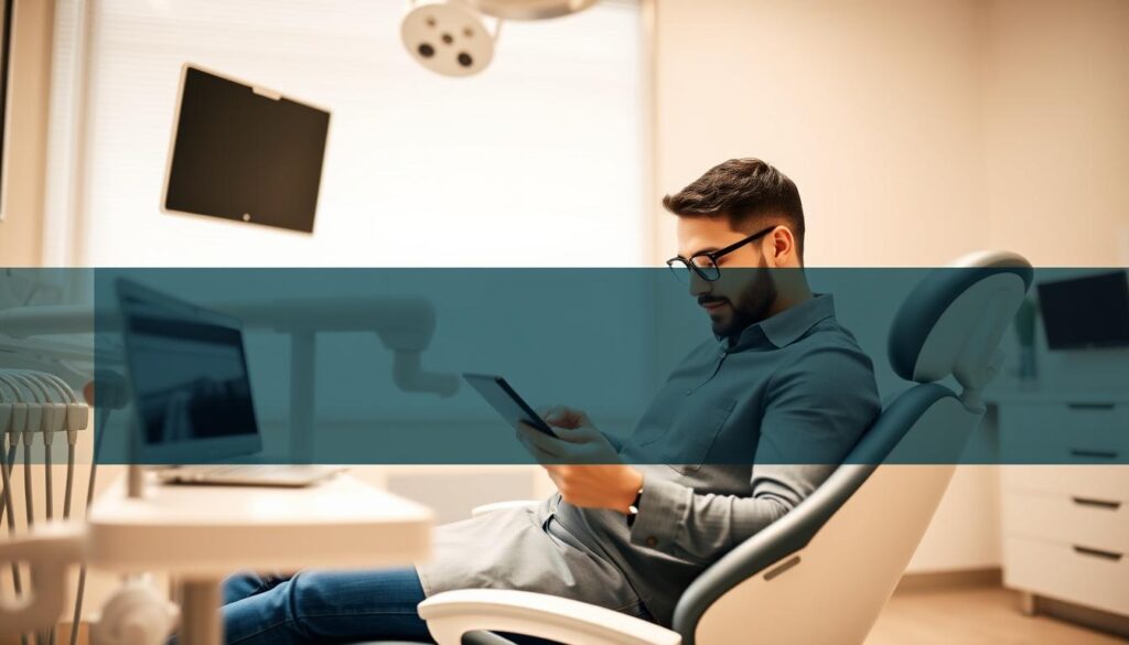 Prompt A modern patient sitting in a dentist's chair, engaged with a tablet device. The clinic interior is bright and clean, with minimalist design elements. The patient is leaning forward, focused on the screen, reflecting the digital-savvy nature of the modern dental patient. The lighting is warm and natural, creating a calm and professional atmosphere. The scene conveys a sense of the patient's comfort and trust in the clinic's technological capabilities, illustrating the importance of digital marketing for modern dental practices.