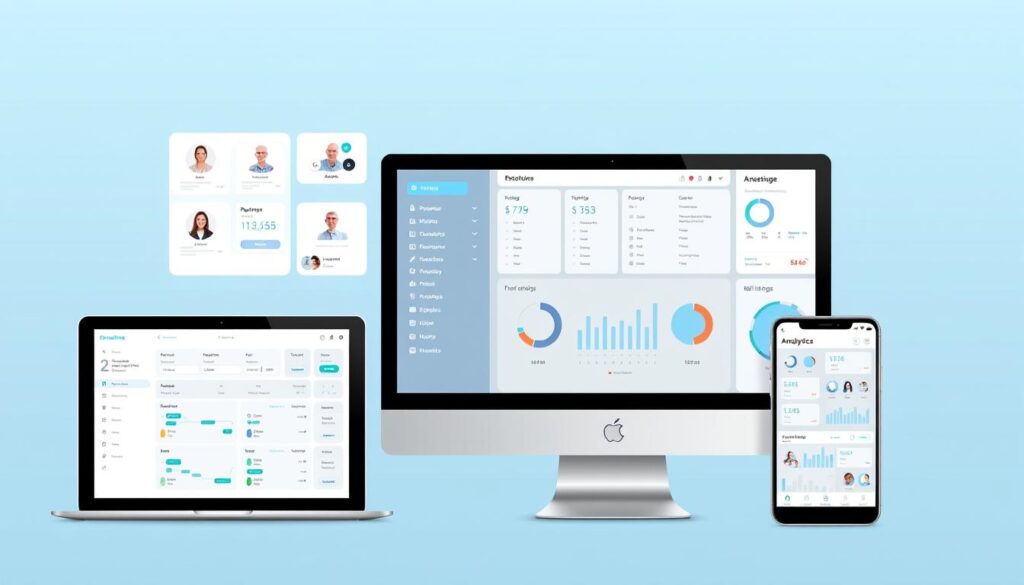 Prompt A modern, sleek dental clinic software interface showcasing various management features such as patient records, appointment scheduling, billing, and analytics dashboards. The design has a clean, minimalist aesthetic with a warm, calming color palette of blues, grays, and whites. The interface is displayed on multiple devices, including a desktop computer, tablet, and smartphone, reflecting the software's cross-platform availability and accessibility. The overall impression conveys a sense of professionalism, efficiency, and user-friendliness, perfectly suited for transforming the management of a dental practice.