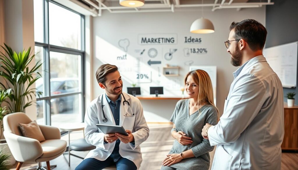 Prompt A modern, well-lit dental clinic interior, with a warm and inviting atmosphere. In the foreground, a dentist is consulting with a patient, discussing marketing strategies on a tablet. Behind them, the clinic's reception area features stylish furniture and decor, with a large window providing natural lighting. In the background, a whiteboard displays marketing ideas and metrics, highlighting the clinic's commitment to promoting its services. The overall scene conveys the importance of effective marketing for a successful dental practice.