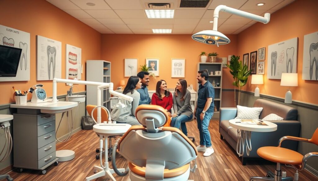 Prompt A vibrant and warm-lit dental clinic interior, featuring a friendly dentist chair in the foreground, surrounded by an array of modern medical equipment and educational dental diagrams on the walls. In the middle ground, a group of patients of various ages engaged in friendly conversation, conveying a sense of trust and rapport with the dentist. The background showcases a cozy and inviting waiting area with comfortable seating and calming decor, creating an atmosphere of care and patient-centric service. The scene radiates a professional yet welcoming ambiance, effectively illustrating the concept of patient retention and loyalty through proactive dental practice management.