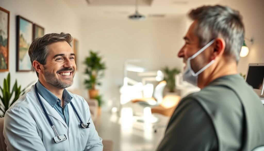 Prompt A warm, welcoming dental office interior with a focus on human-centered care. In the foreground, a friendly dentist smiles and interacts with a patient, conveying empathy and attentiveness. The middle ground features comfortable waiting area seating and calming decor, such as potted plants and soothing artwork on the walls. The background showcases a well-equipped, modern dental examination room, bathed in soft, natural lighting that creates a serene, inviting atmosphere. The overall scene conveys a sense of professionalism, trust, and a patient-centric approach to dentistry.