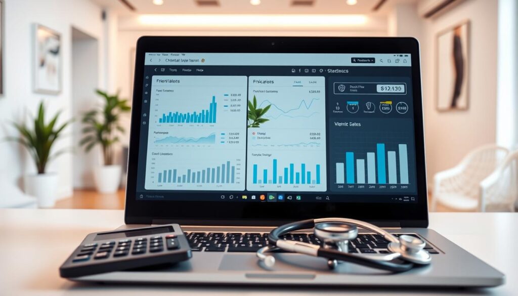 Prompt A well-organized financial management system for a modern dental clinic, featuring a sleek and minimalist design. In the foreground, a laptop displays financial data and charts, with a calculator, stethoscope, and other medical instruments neatly arranged. The middle ground showcases a clean, white desk with a potted plant, providing a sense of balance and professionalism. The background depicts a warm, softly lit office space, with clean lines and a calming color palette to convey a sense of efficiency and attention to detail. The overall scene creates an impression of a well-managed, technology-driven dental practice focused on financial prudence and patient-centric care.
