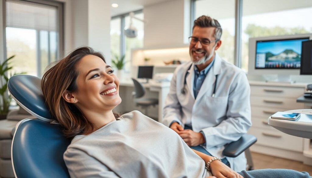 Sitting in a comfortable dental clinic, a patient reclines in the chair, a warm smile on their face as the dentist attends to their needs. The room is well-lit, with natural light flooding in through large windows, creating a calming, inviting atmosphere. In the background, a display showcases the latest dental technology and amenities, reflecting the clinic's commitment to patient care and satisfaction. The dentist, dressed in a crisp, white coat, exudes a sense of professionalism and expertise, fostering a strong rapport with the patient. This scene conveys the essence of long-term patient loyalty, where the patient's trust and satisfaction are the driving forces behind a successful and thriving dental practice.