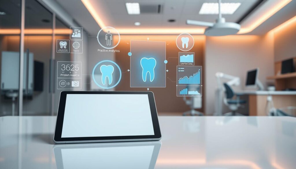 Sleek and modern dental software with seamless integrations, the focal point of a professional workspace. In the foreground, a 3D-rendered tablet device showcases a clean, intuitive user interface. In the middle ground, holographic data visualizations float, presenting real-time patient information and practice analytics. The background features a minimalist medical office setting, with warm lighting and subtle hints of medical equipment, creating a calming, efficient atmosphere. The scene conveys the power of integrated dental software to streamline operations, enhance patient care, and drive practice success in the digital age.