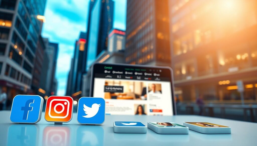 Social media channels for dental clinics, a modern and professional digital marketing scene. In the foreground, a clean, minimalist display showcases various social media app icons like Facebook, Instagram, Twitter, LinkedIn, and Google My Business. The middle ground features a dental clinic website with a sleek, responsive design optimized for mobile and desktop viewing. The background depicts a vibrant, city-inspired setting with tall skyscrapers, neon lights, and a sense of urban energy, symbolizing the integration of digital marketing strategies into the dental industry. Soft, warm lighting illuminates the scene, creating an inviting and trustworthy atmosphere. Captured with a wide-angle lens to convey a comprehensive, panoramic view of the digital landscape for dental clinics.