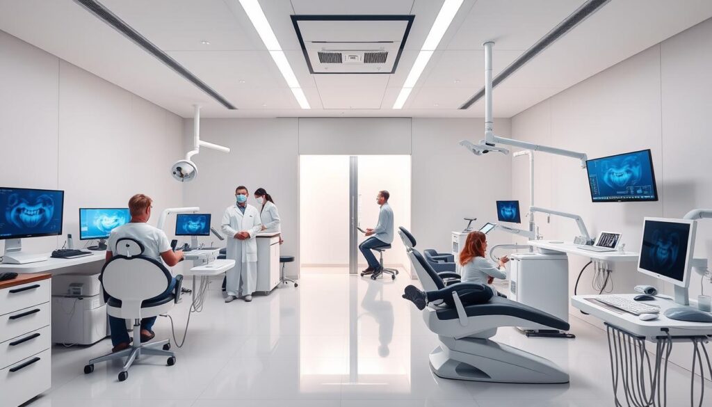 Sophisticated dental office with modern, ergonomic equipment and technology. Bright, airy interior with minimalist design and clean, neutral color palette. Doctors and staff utilizing cutting-edge diagnostic tools, digital imaging systems, and computer-assisted treatment planning. Patients comfortably reclined in state-of-the-art dental chairs, receiving attentive, high-tech care. Softly diffused lighting and soothing background music creating a calming, almost spa-like atmosphere. Subtle yet futuristic aesthetic reflecting the clinic's commitment to innovative, patient-centric dentistry.