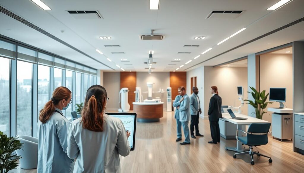 Strategic management for clinics - a modern medical office with sleek, minimalist design. In the foreground, a team of healthcare professionals huddle around a digital dashboard, analyzing patient data and discussing optimized workflows. The middle ground features an open, airy reception area with clean lines and soothing earth tones. In the background, state-of-the-art diagnostic equipment and specialized treatment rooms convey a sense of advanced, forward-thinking care. Soft, directional lighting and large windows create a calming, professional atmosphere. An overall impression of efficient, patient-centric operations guided by strategic vision.
