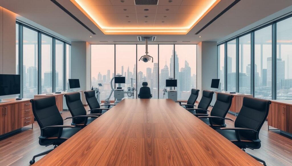 Strategic planning for dental clinics. A modern, minimalist clinic interior with sleek furnishings and clean lines. The foreground features a large, wooden conference table surrounded by ergonomic office chairs, suggesting a meeting space for strategic discussions. The middle ground showcases state-of-the-art medical equipment and technology, hinting at the clinic's advanced capabilities. The background depicts expansive windows overlooking a bustling city skyline, symbolizing the clinic's growth and ambition. Warm, diffused lighting creates a professional yet inviting atmosphere, encouraging collaboration and forward-thinking. An impeccably designed space that reflects the clinic's commitment to strategic planning and business optimization.
