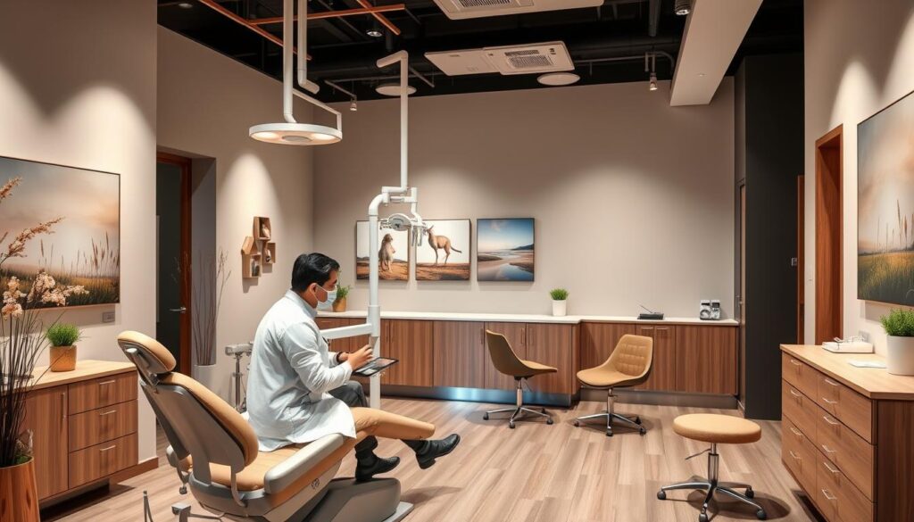 Strategies for Dental Clinics: A modern, well-lit dental clinic interior with calming, earthy tones. In the foreground, a dentist discusses treatment options with a patient on a comfortable examination chair. The middle ground features state-of-the-art dental equipment and a reception desk, conveying a sense of professionalism and care. The background showcases serene, nature-inspired artwork and décor, creating a soothing atmosphere to put patients at ease. Soft, directional lighting illuminates the scene, highlighting the clinic's attention to detail and commitment to patient well-being.