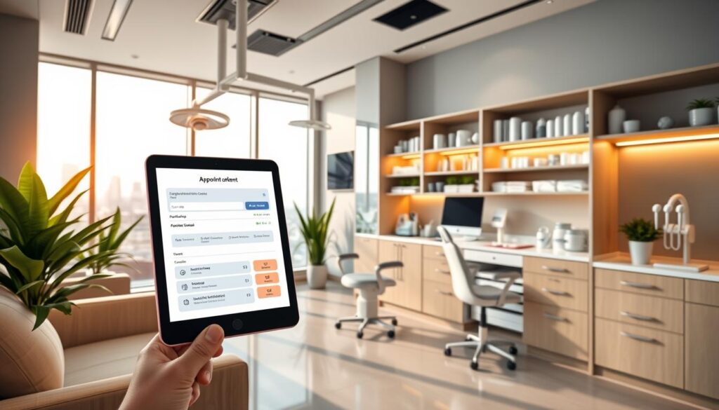 Strategies for a Successful Dental Clinic: A modern, well-equipped dental office with sleek, minimalist design. The reception area features comfortable seating, warm lighting, and lush potted plants, creating a welcoming atmosphere. In the foreground, a tablet device showcases a user-friendly appointment booking system. The middle ground highlights neatly organized cabinets and shelves filled with dental supplies, conveying efficiency and professionalism. The background features large windows overlooking a cityscape, bathing the clinic in natural light and a sense of openness. The overall scene exudes a calming, patient-centric ambiance, reflecting the clinic's focus on providing exceptional dental care.