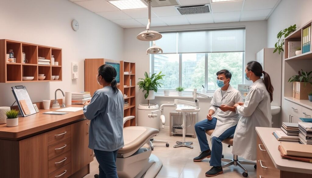 Strategies for dental clinic management: a well-organized workplace with modern dental equipment, a receptionist greeting patients, dentists and assistants collaborating, financial records and patient files neatly arranged, a soothing atmosphere with natural lighting and calming colors, conveying the advantages of a professional administration course for dentists to improve efficiency and patient satisfaction.
