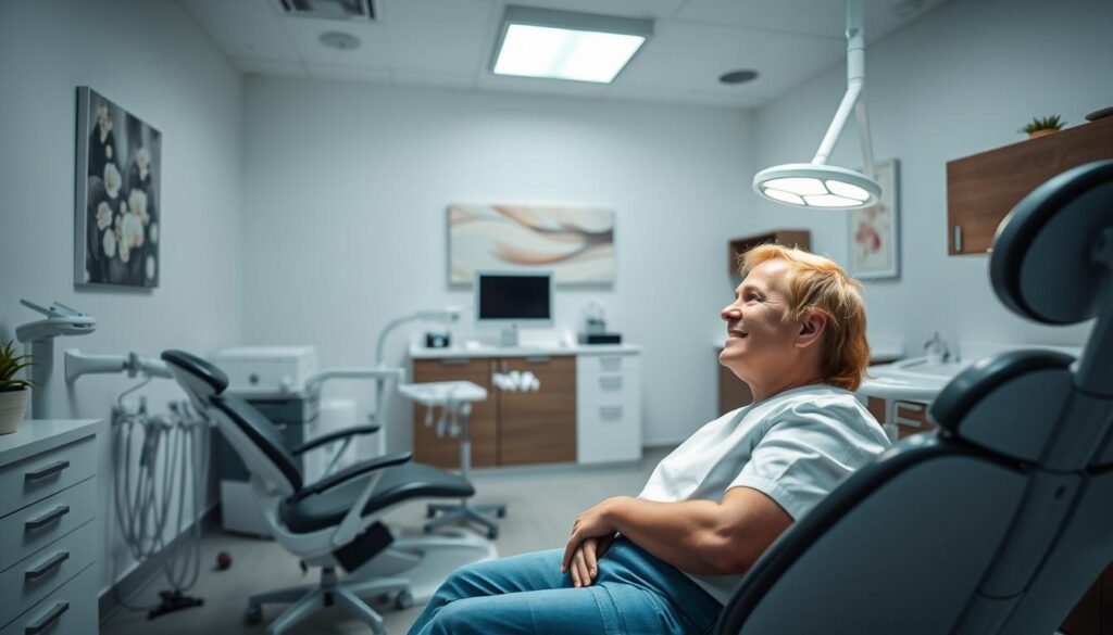 Strategies for dental patients. A serene, modern dental clinic interior. In the foreground, a patient sitting comfortably in an ergonomic chair, their dentist examining their teeth with a gentle, reassuring expression. Soft, indirect lighting illuminates the spacious, well-equipped treatment room, creating a calming, professional atmosphere. In the middle ground, various dental tools and equipment are neatly organized, conveying a sense of order and attention to detail. The background features a tranquil, minimalist design with neutral tones, soothing artwork, and subtle patterns, evoking a sense of comfort and care. The overall scene exudes a sense of trust, competence, and a patient-centric approach to dental healthcare.